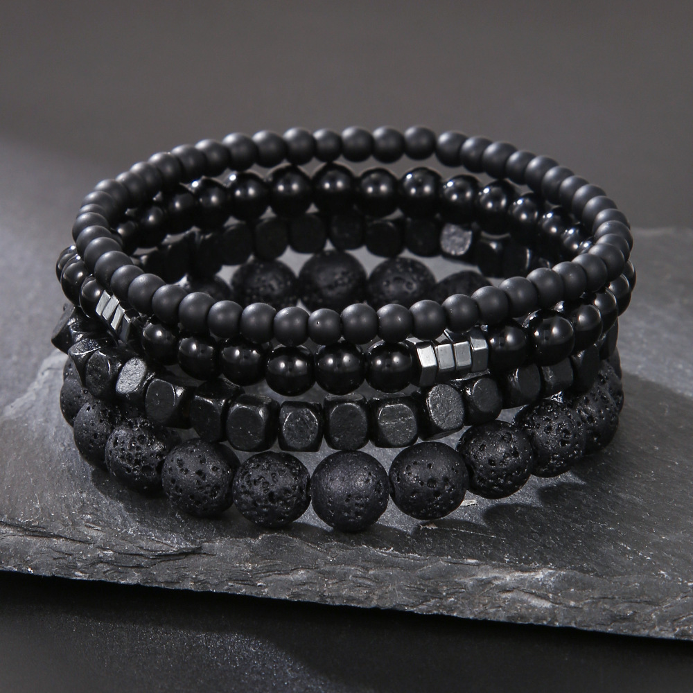 Mens Fashion Combination - 4 buah gelang manik-manik batu hitam