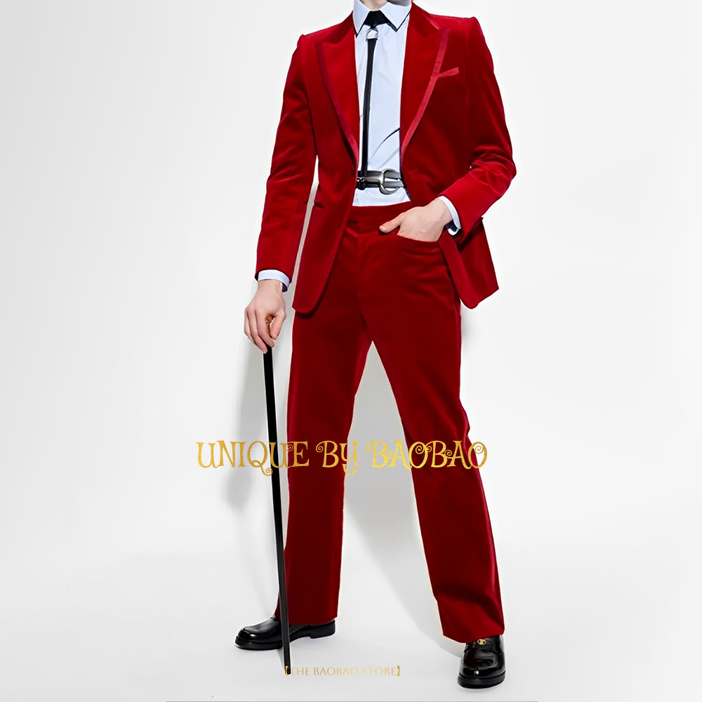 Men'S Fashion Xmas Party - Setelan 2 potong beludru merah pria,
